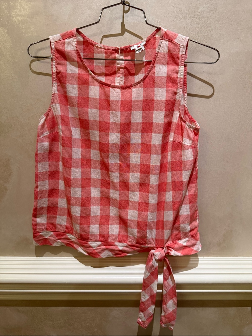 J. Crew Coral and White Gingham Tie-Hem Tank